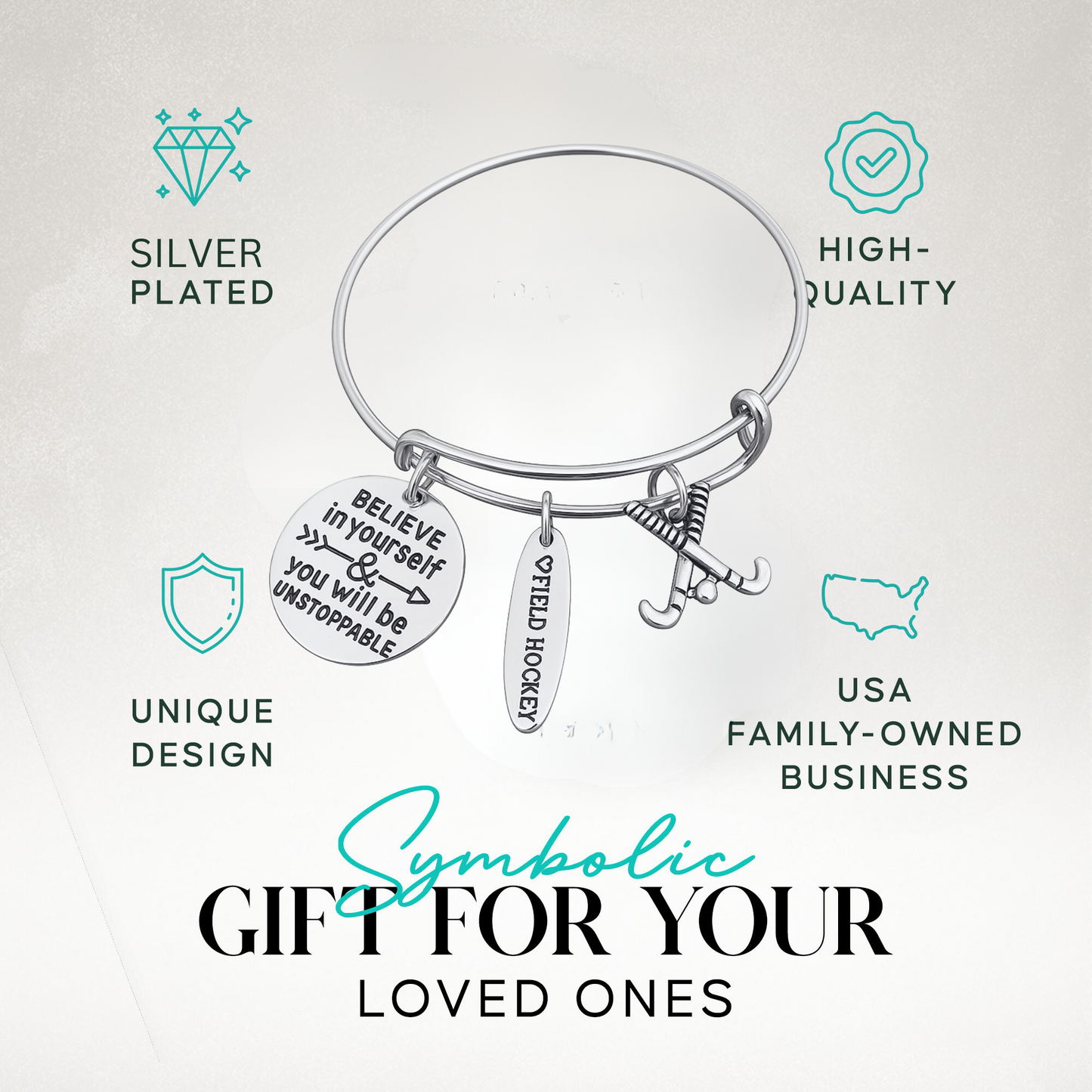 Silver adjustable field hockey bangle bracelet with Believe in Yourself and You Will Be Unstoppable charms