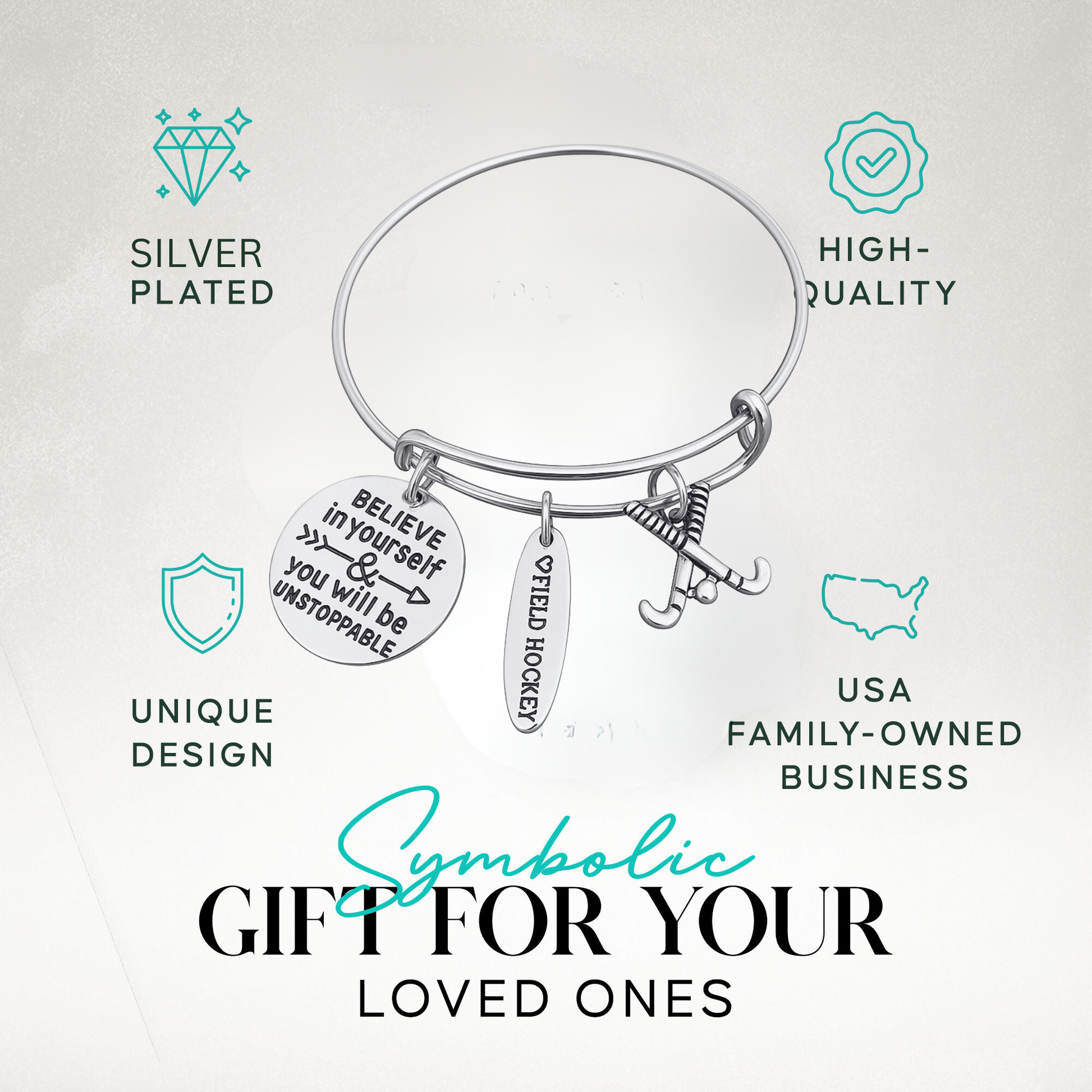 Silver adjustable field hockey bangle bracelet with Believe in Yourself and You Will Be Unstoppable charms