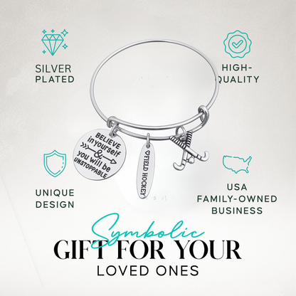 Silver adjustable field hockey bangle bracelet with Believe in Yourself and You Will Be Unstoppable charms