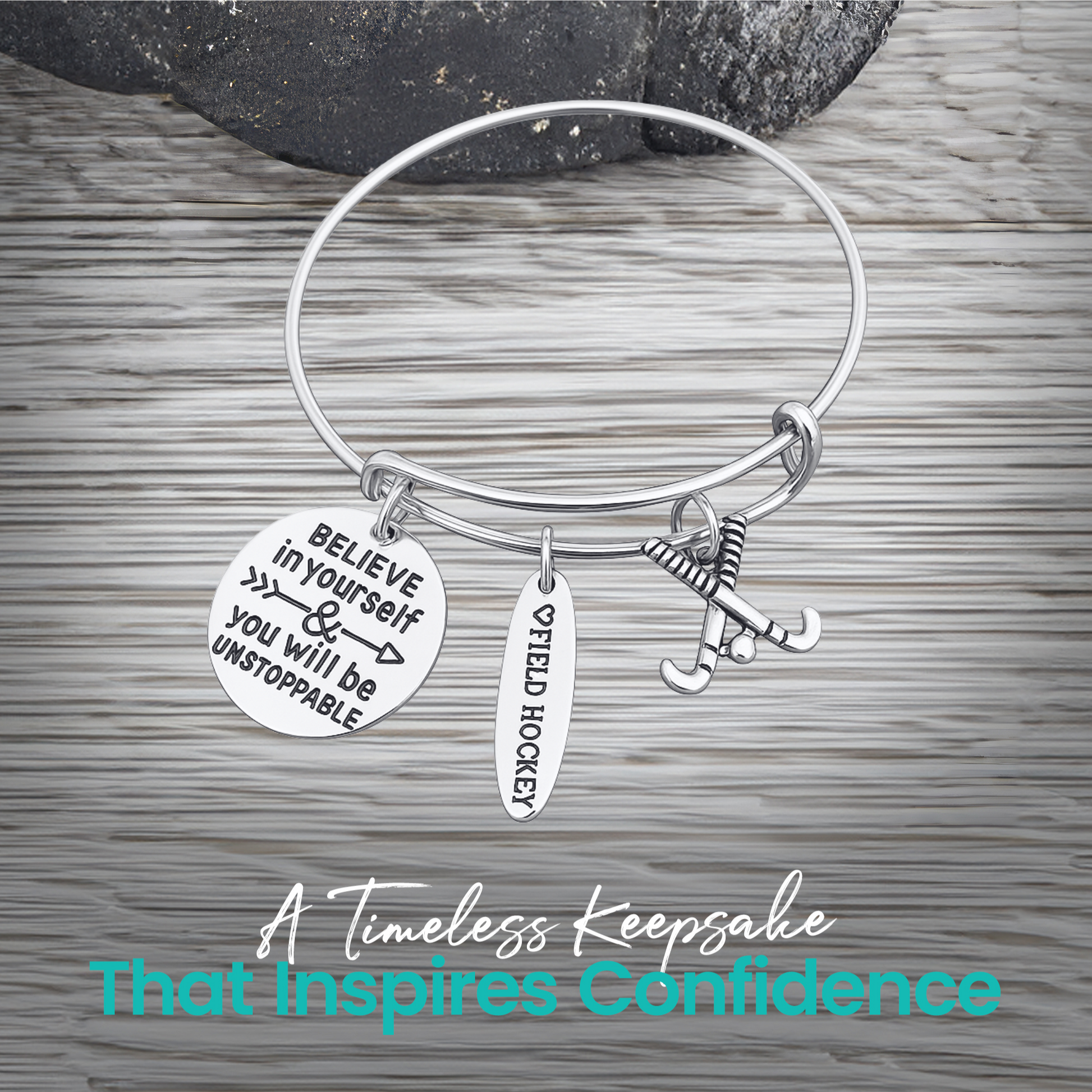 Field hockey inspirational charm bracelet with text highlighting unique design and perfect gift idea