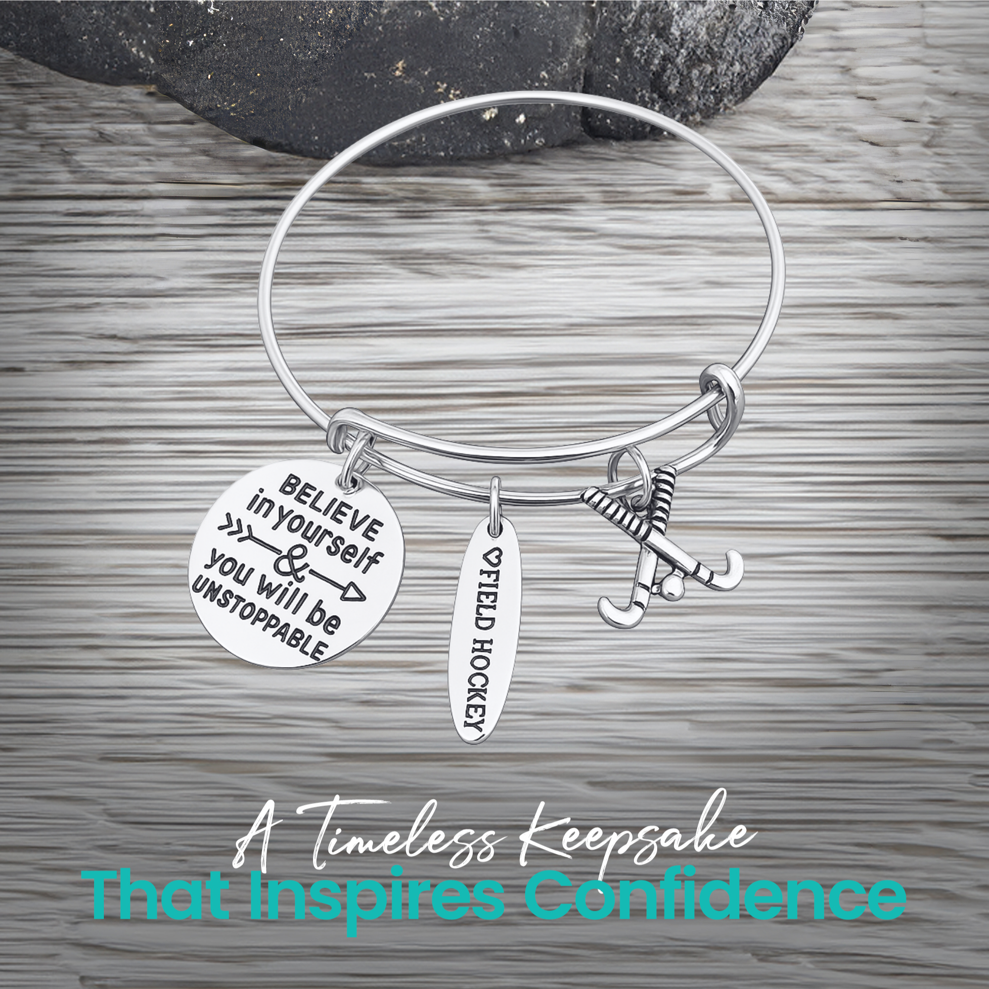 Field hockey inspirational charm bracelet with text highlighting unique design and perfect gift idea