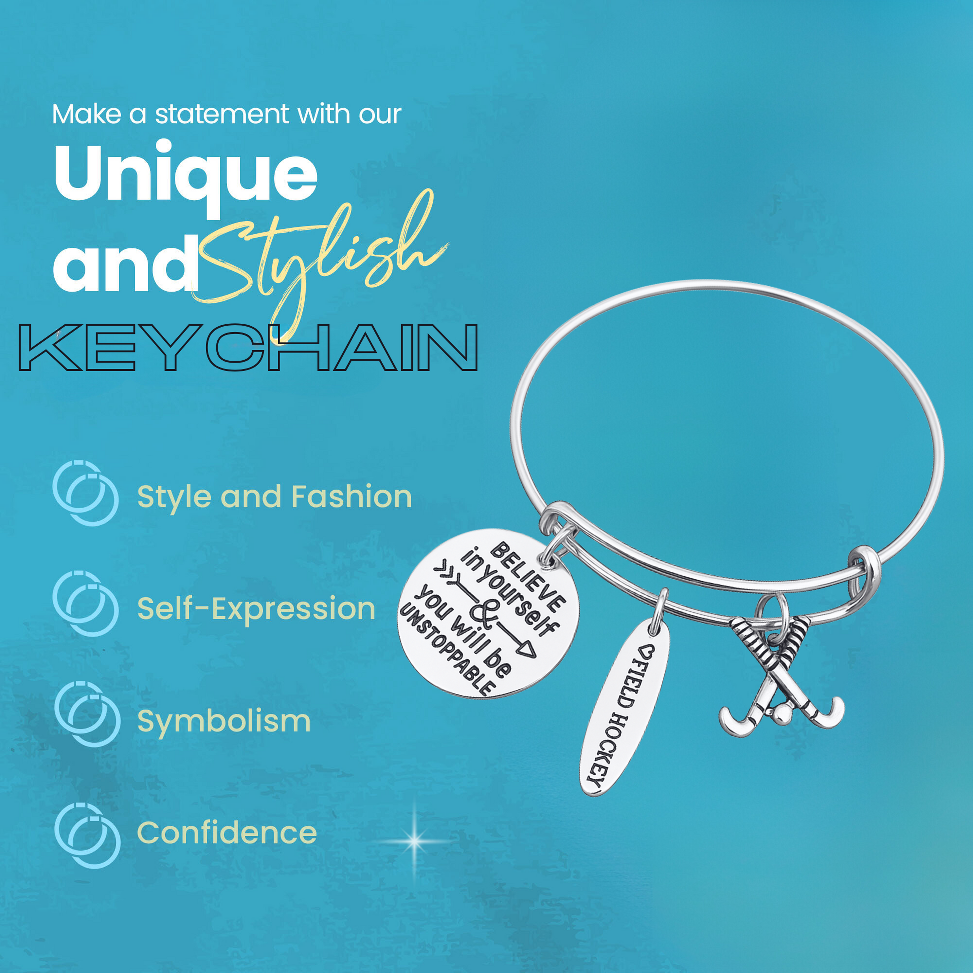 Field hockey charm bracelet with icons for stylish, durable, and adjustable stainless steel design