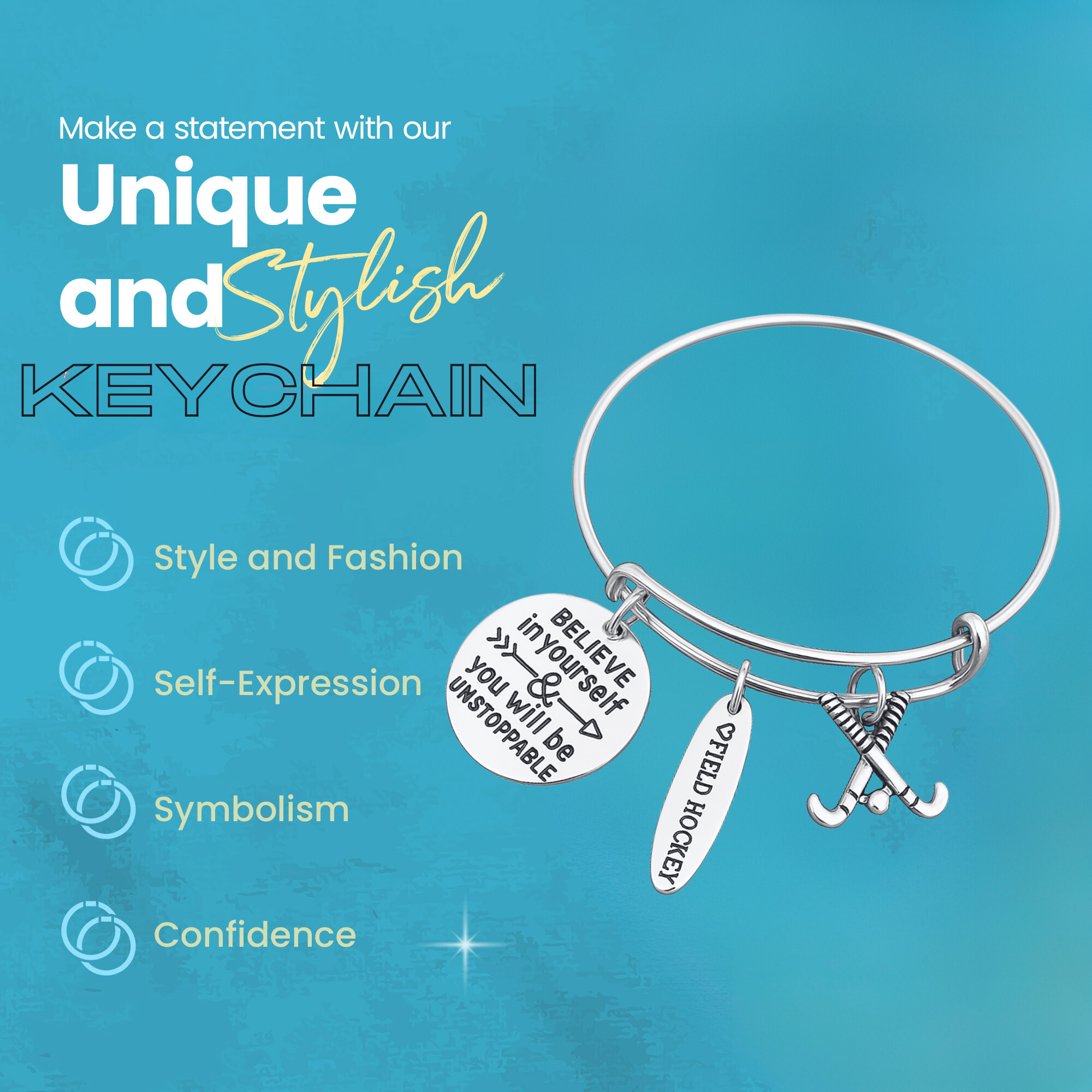 Field hockey charm bracelet with icons for stylish, durable, and adjustable stainless steel design