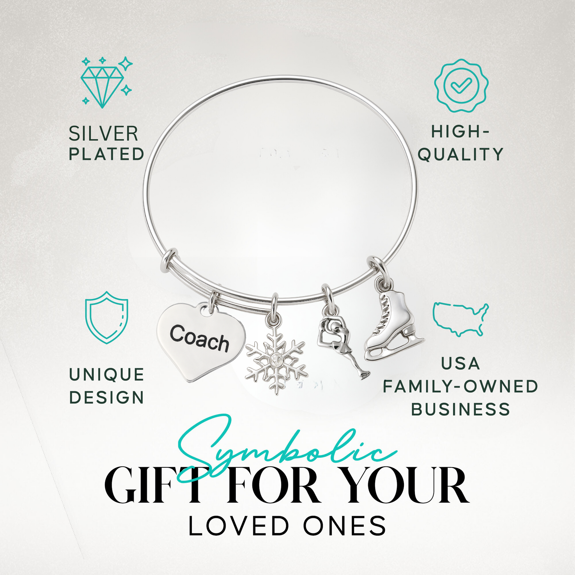 Figure skating coach bangle bracelet in gift-ready packaging with jewelry pouch