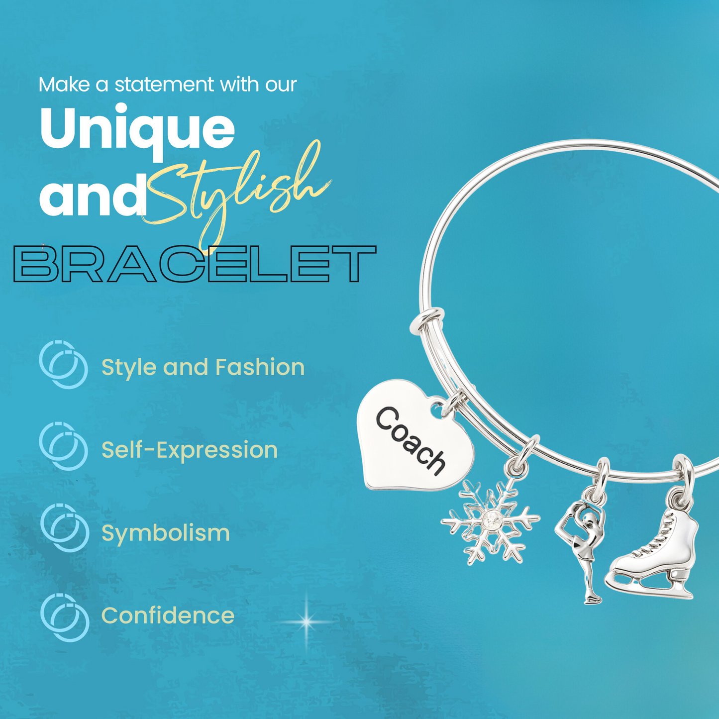 Figure skating coach charm bracelet with icons for adjustable fit and high-quality design