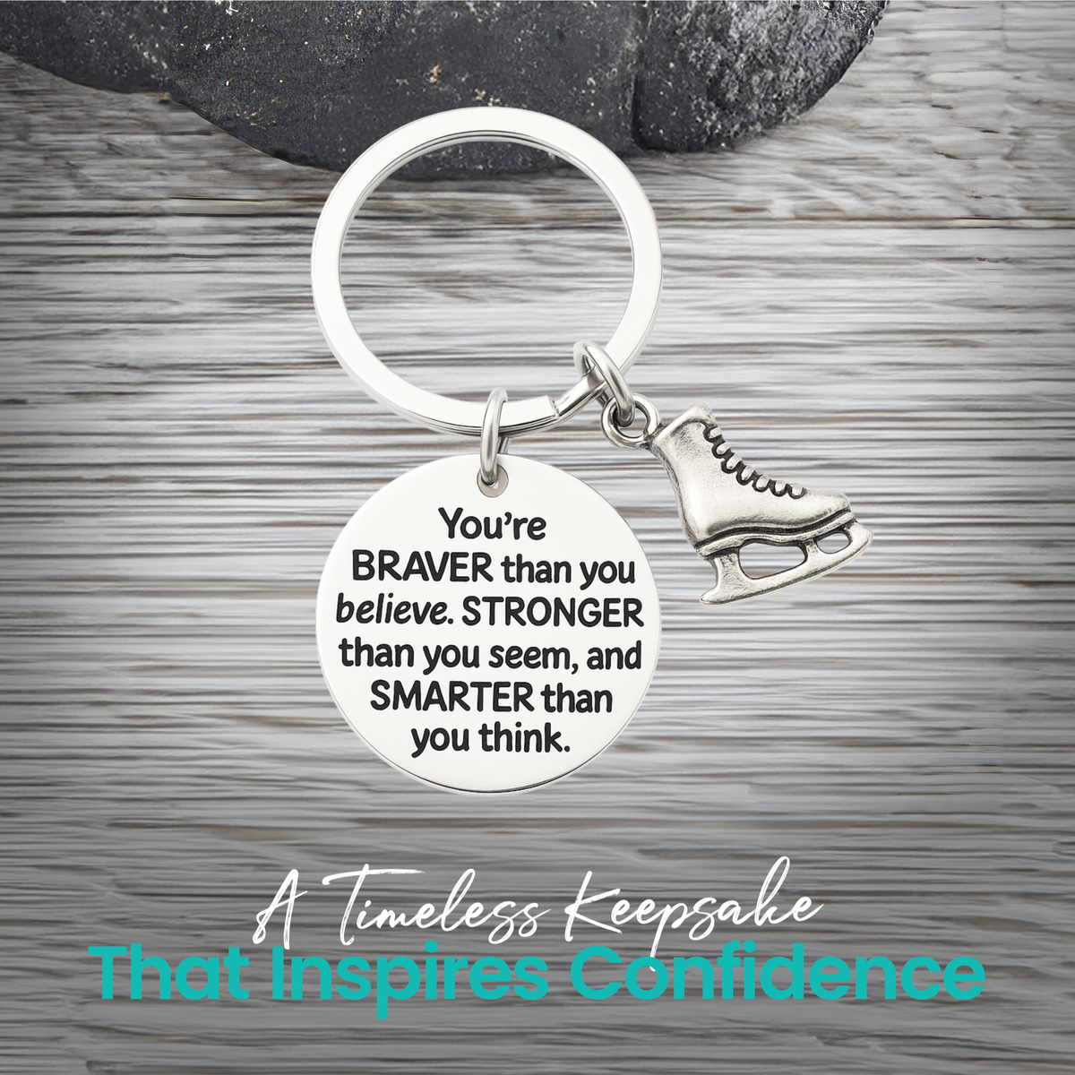 Figure skating motivational keychain with engraved quote in gift-ready packaging
