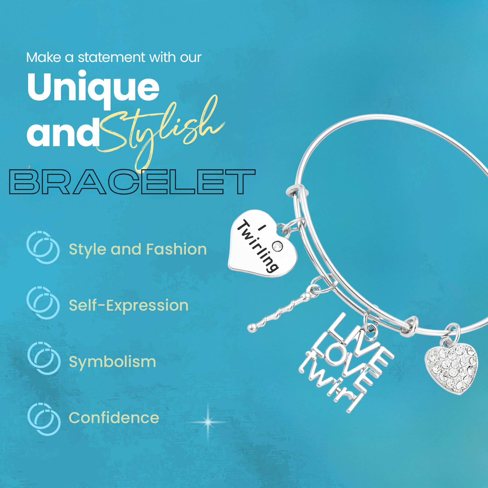 Twirling charm bangle bracelet with heart, baton, and Live Love Twirl charms with feature highlights