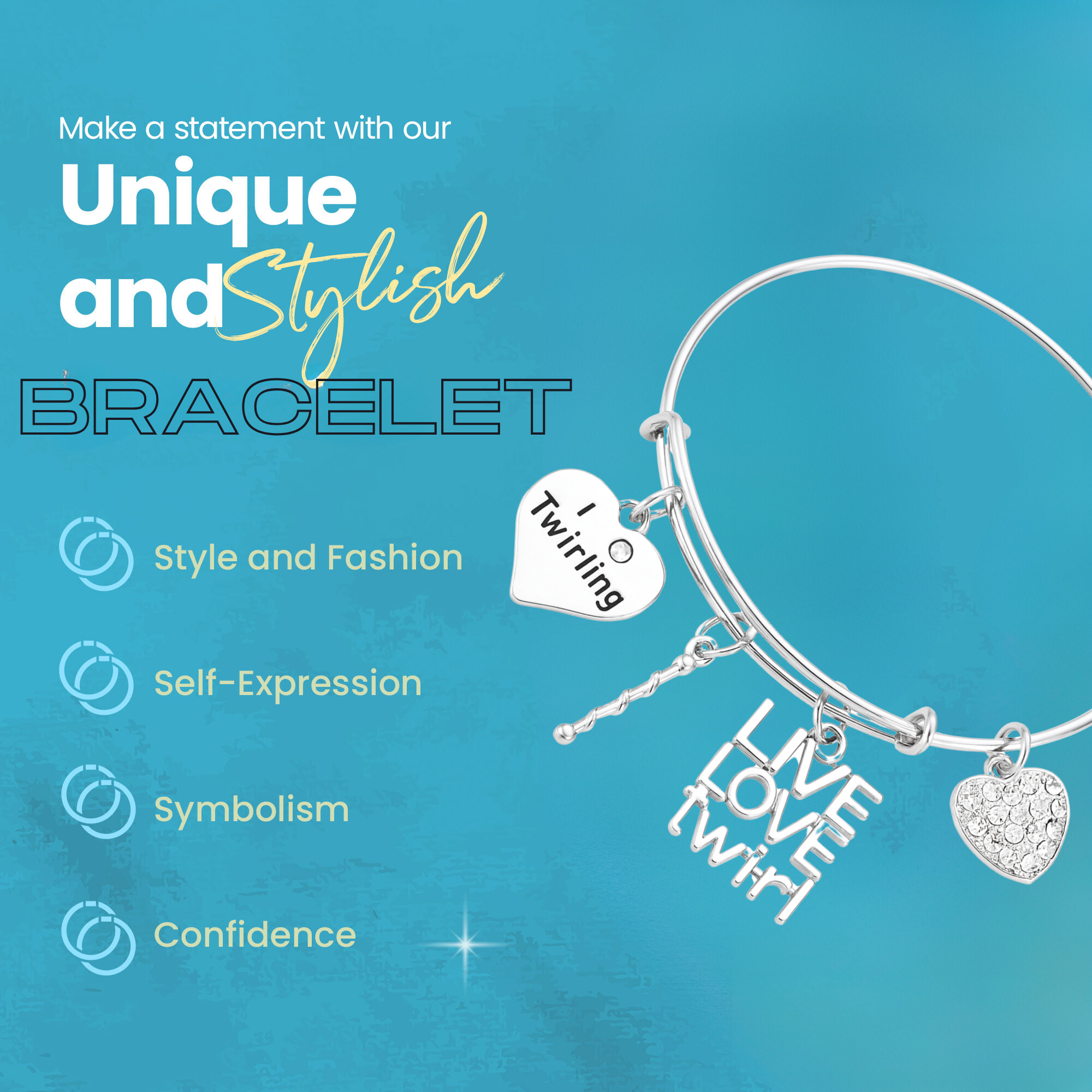 Twirling charm bangle bracelet with heart, baton, and Live Love Twirl charms with feature highlights