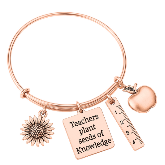 Rose gold teacher bracelet, perfect teacher gift and teacher jewelry accessory.