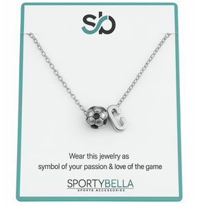 Personalized soccer necklace with initial charm and soccer ball pendant by SportyBella on display card