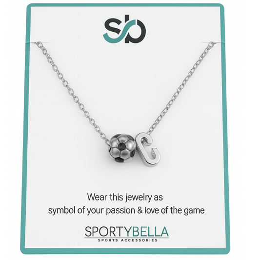 Personalized soccer necklace with initial charm and soccer ball pendant by SportyBella on display card