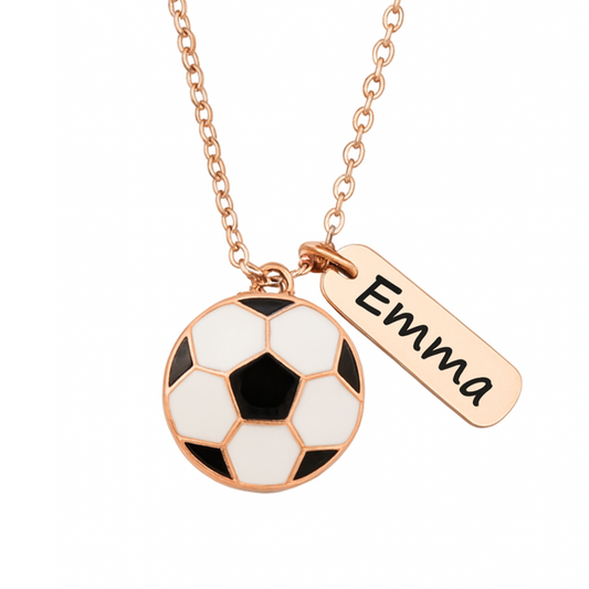 Rose Gold Soccer Engraved Tag Charm Necklace