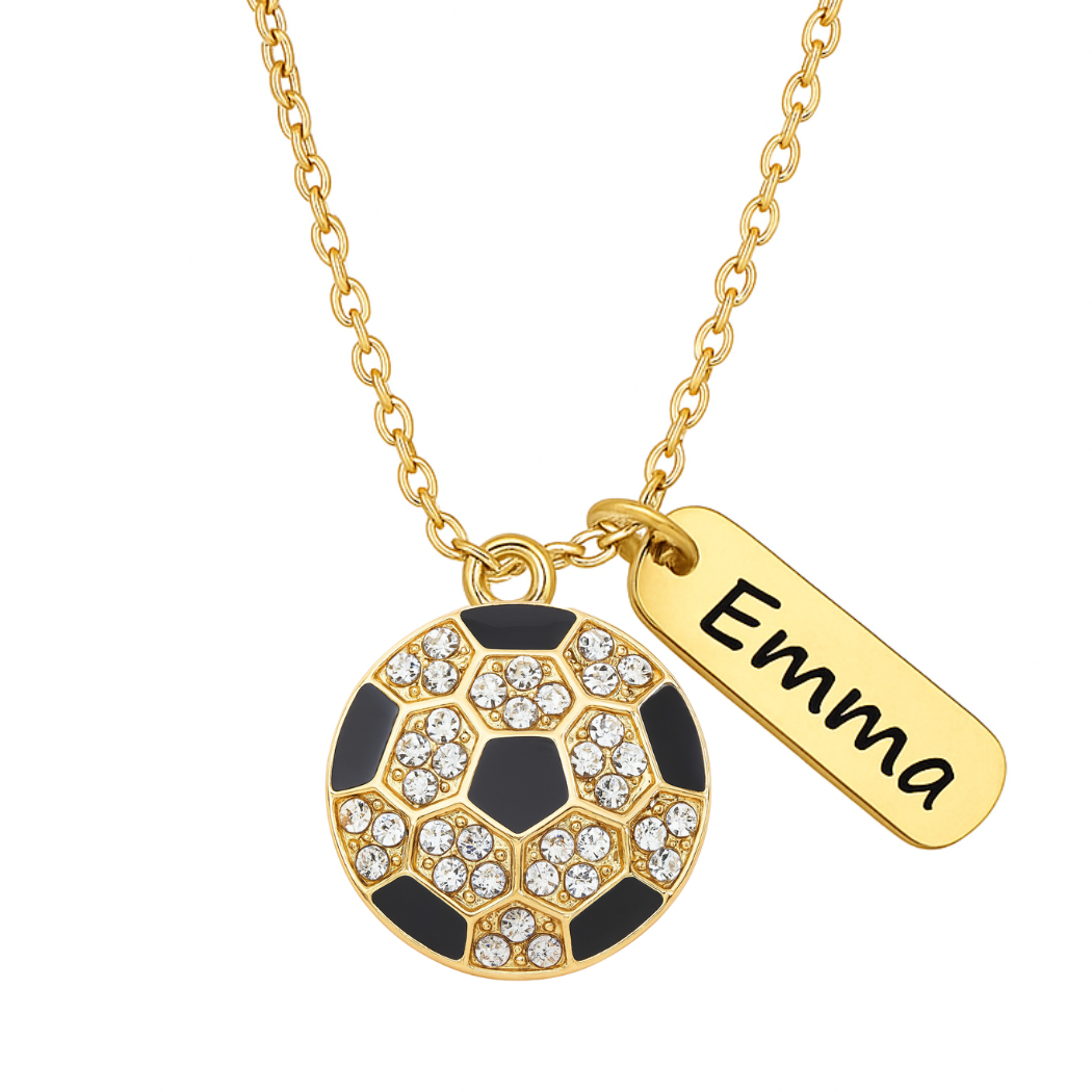Gold Soccer Engraved Tag Charm Necklace