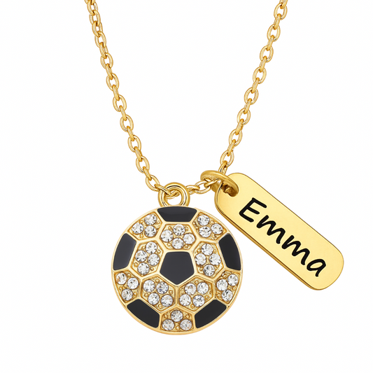 Gold Soccer Engraved Tag Charm Necklace