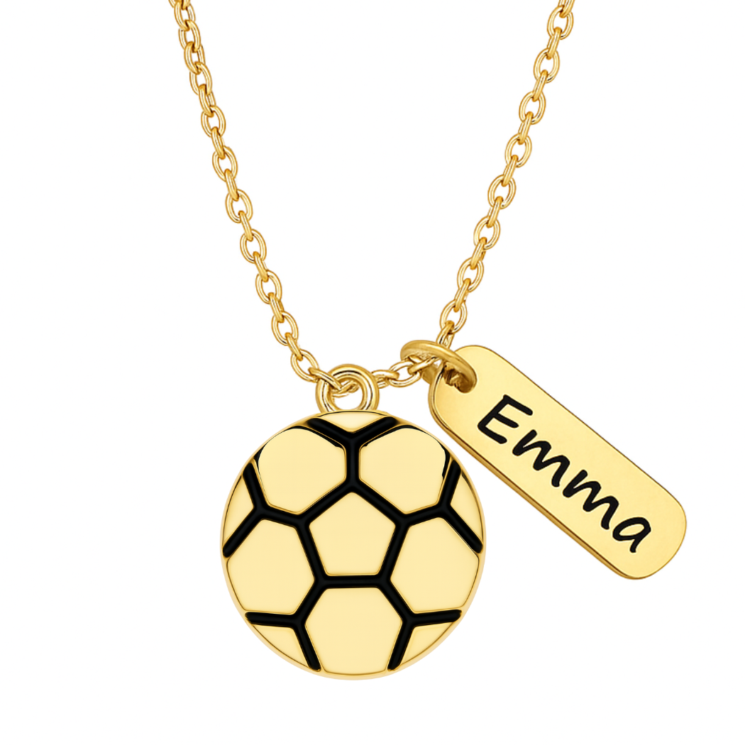 Gold Soccer Engraved Tag Charm Necklace