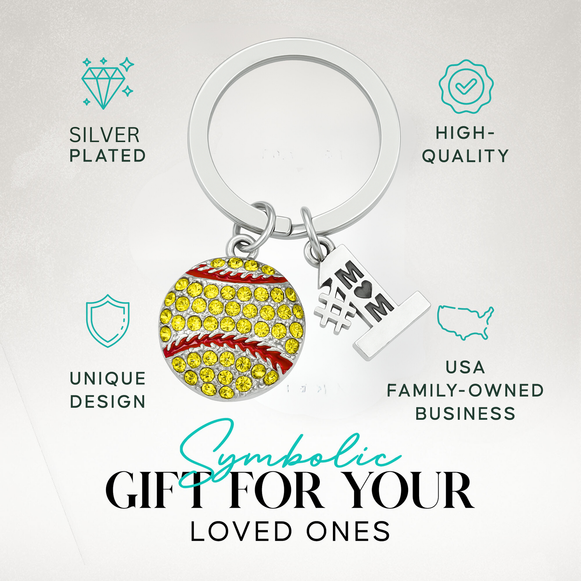Sparkly rhinestone softball keychain with silver "#1 MOM" charm, ideal accessory for proud softball mothers