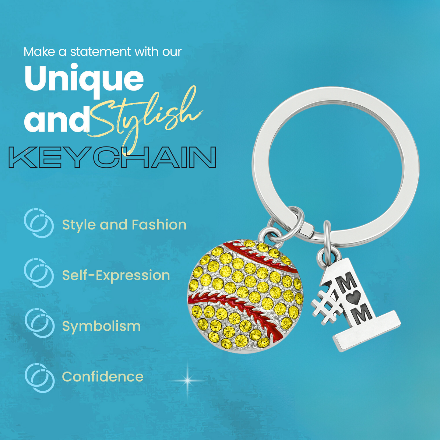 Stylish silver-plated keychain with rhinestone-covered softball and #1 MOM tag, presented in SportyBella pouch