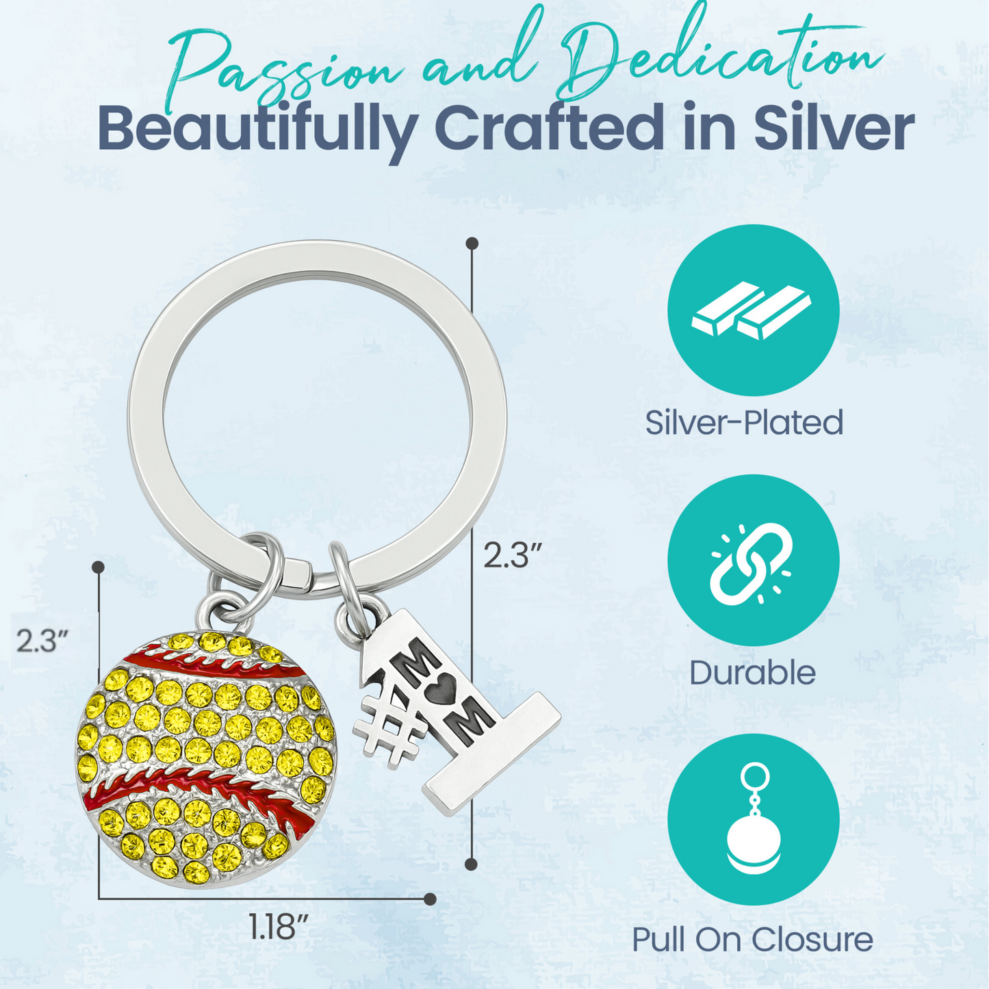 Gift-ready softball mom keychain displayed on branded insert card, featuring glittering yellow softball charm