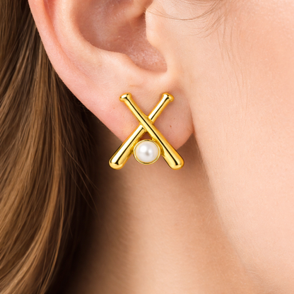 Gold Softball Bat Pearl Stud Earrings