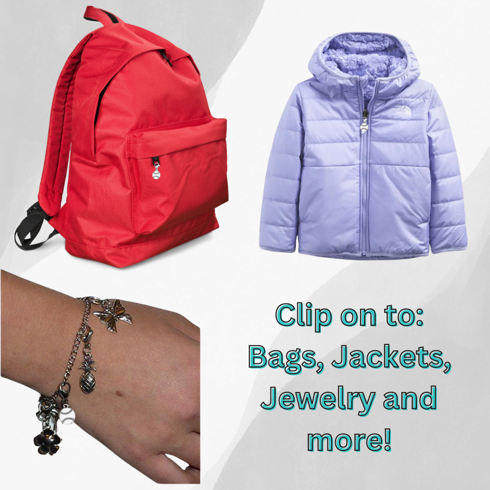 Field hockey clip-on zipper pull charm attached to red backpack and winter jacket zipper