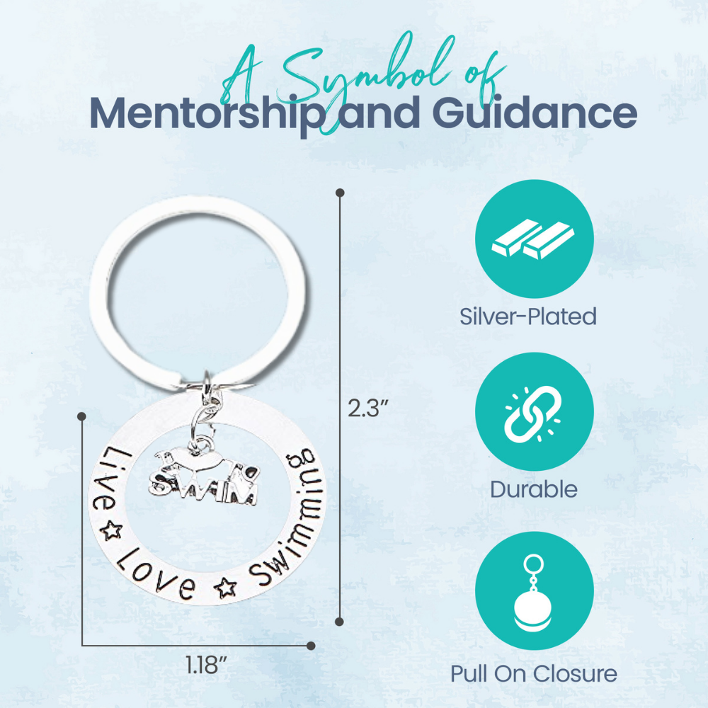 Silver swim keychain with 'Live Love Swimming' engraved ring and dangling 'I Love to Swim' charm – perfect gift for swimmers