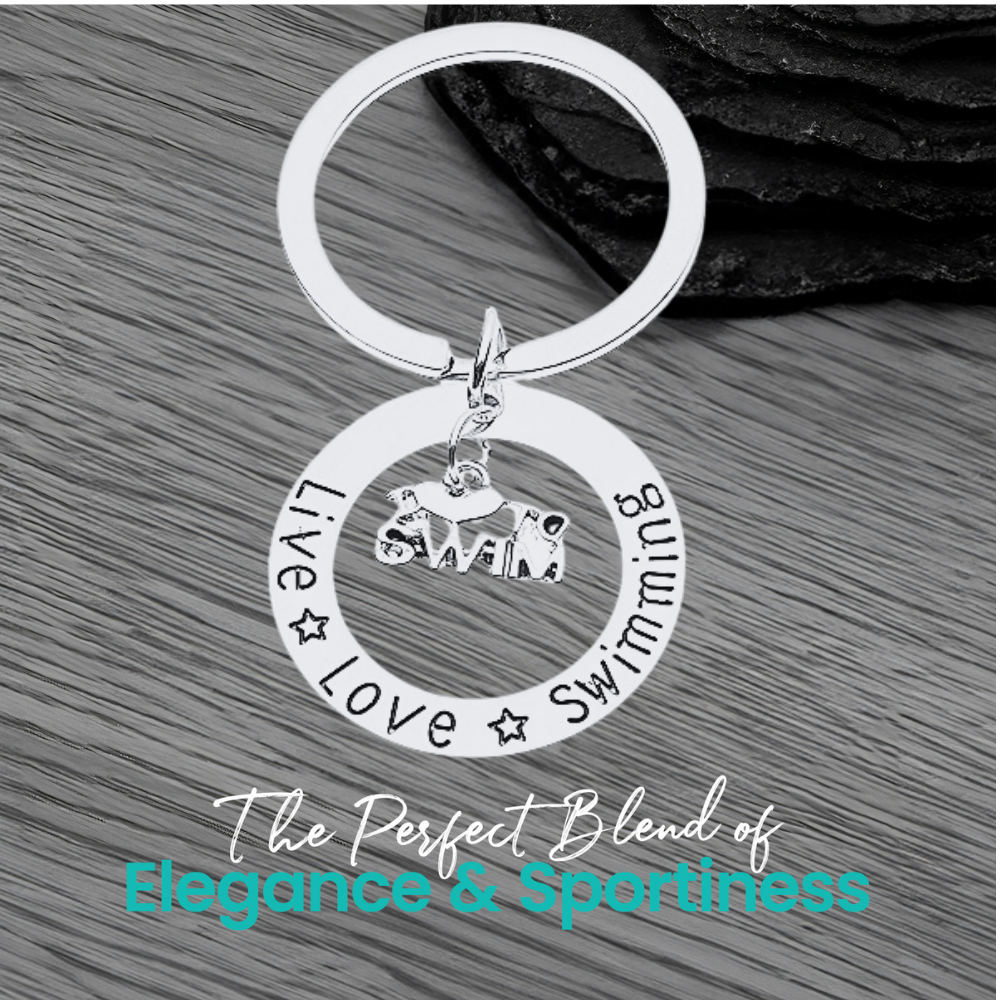 Live Love Swimming silver keychain featuring center charm with 'I ♥ to Swim' – swim team or coach appreciation gift