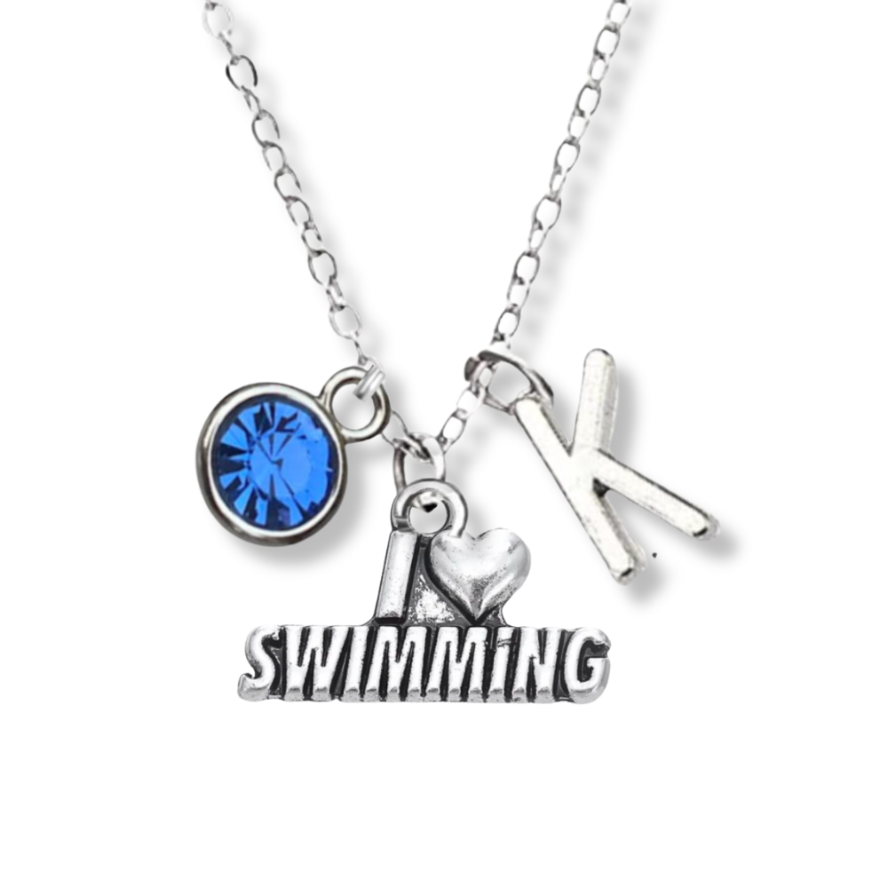 Personalized Girls Swim Necklace with Birthstone & Letter Charm