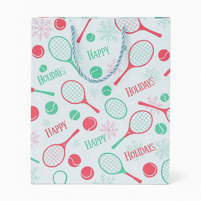 Tennis-themed holiday gift bag with rackets and tennis balls, perfect for tennis lovers and festive gifting.