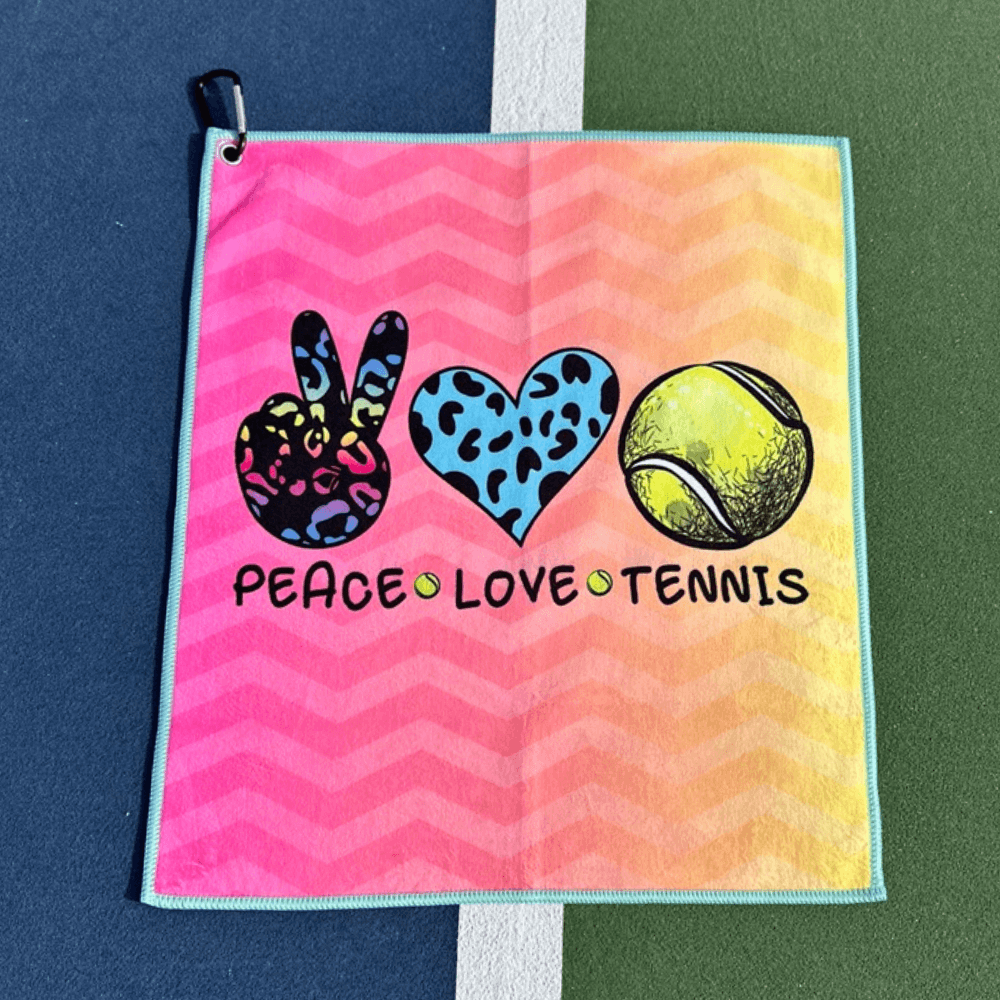 Peace Love Tennis Towel- Microfiber & Cotton Athletic Towels with Carabiner Clip