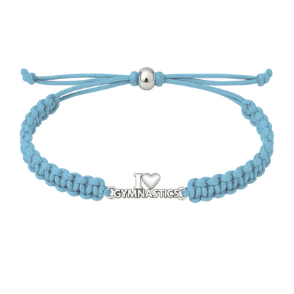 Light blue braided gymnastics bracelet with silver-tone "I ❤️ Gymnastics" charm