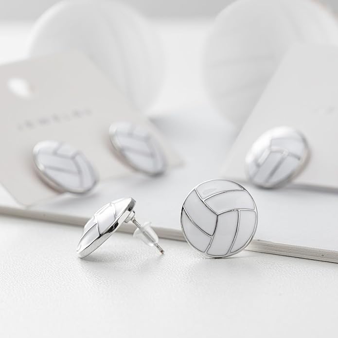 Volleyball White Silver Stud Earrings