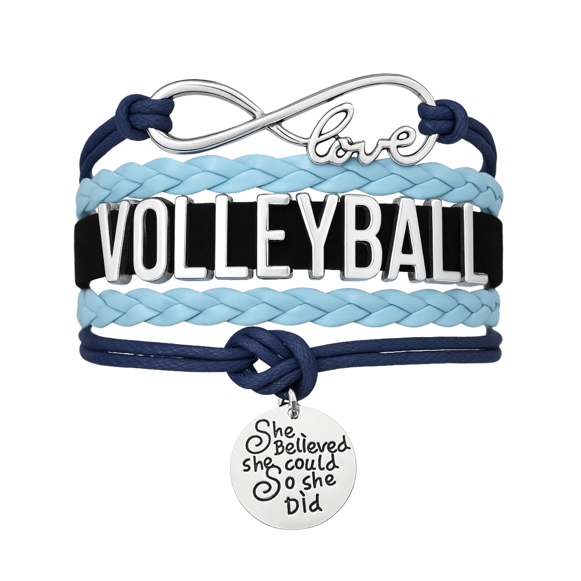 Girls Volleyball Blue and Black Infinity Bracelet - Pick Charm