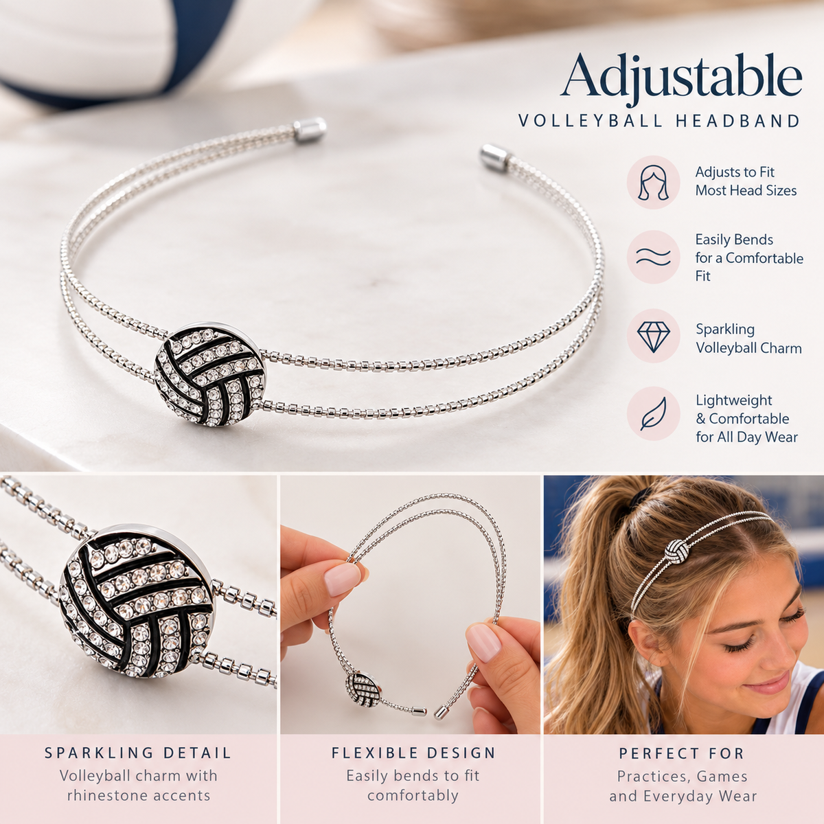 Volleyball Rhinestone Headband - Silver