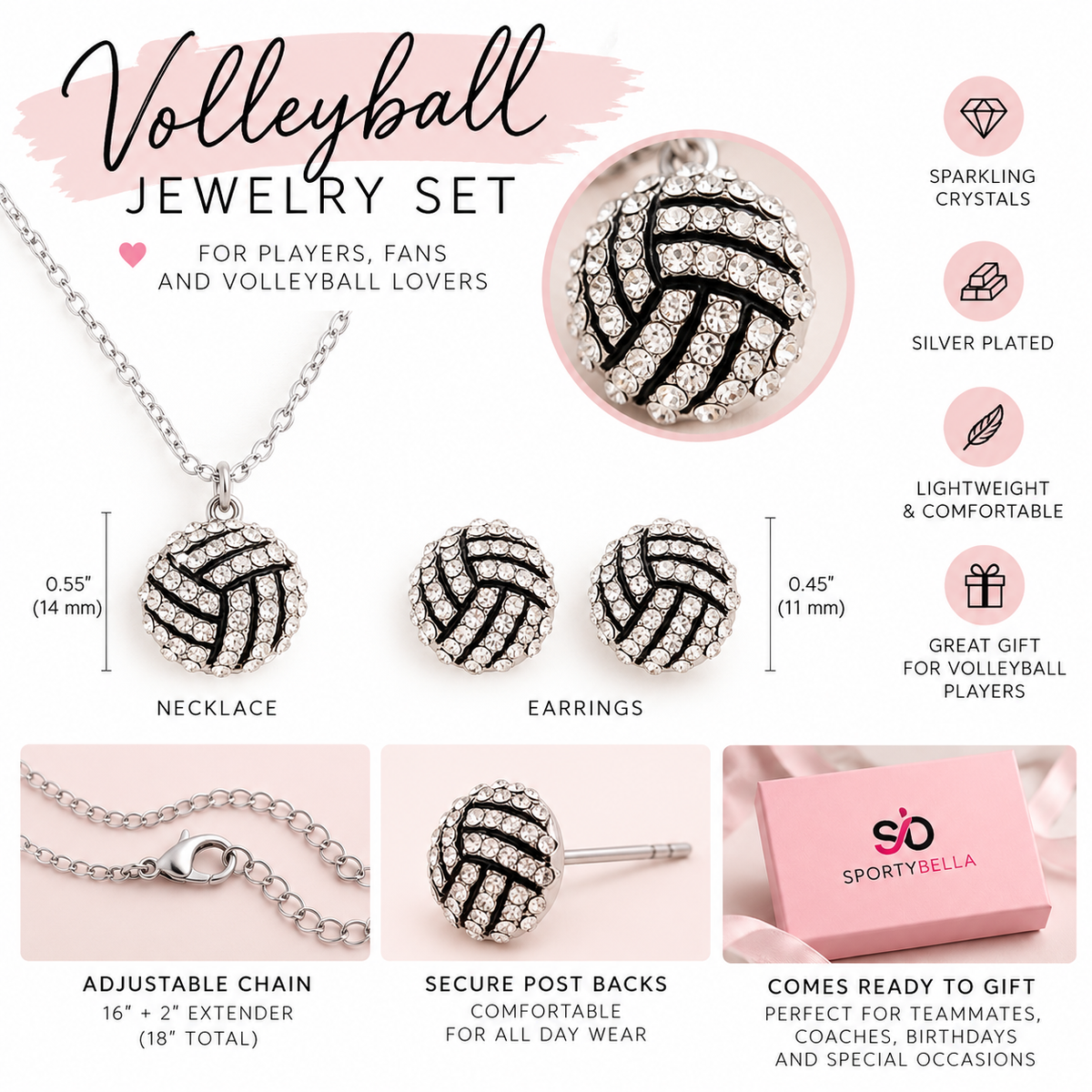 Volleyball Rhinestone Necklace and Earring Set