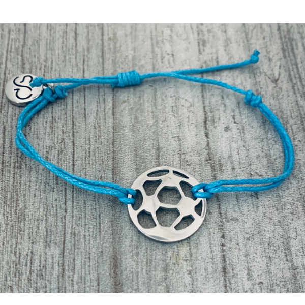 Soccer rope bracelet in teal blue with stainless steel soccer ball charm