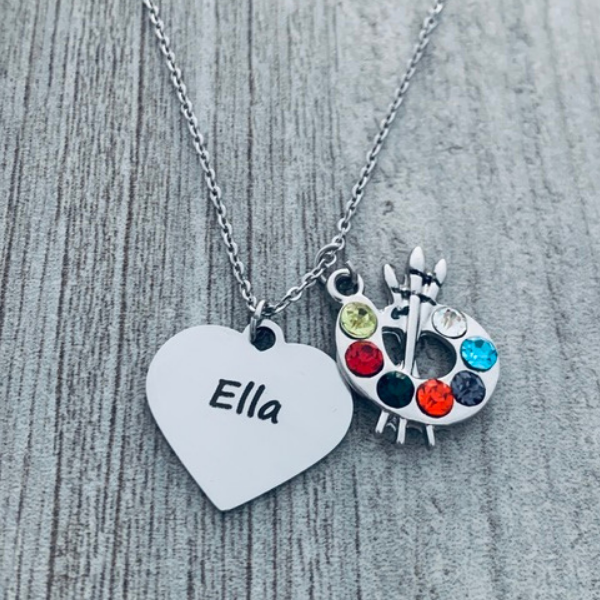 Personalized Artist Engraved Name Paint Palette CZ Necklace