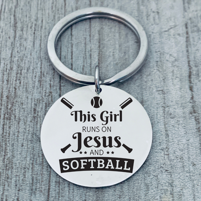 Softball Keychain - This Girl Runs on Jesus and Softball