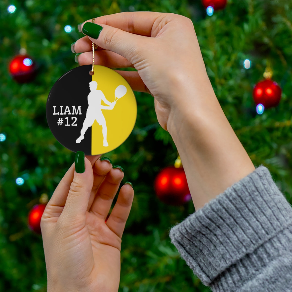 Personalized Tennis Christmas Ornament - Black & Yellow