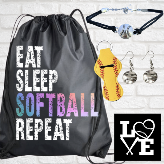 girls Softball Sportybag - Eat Sleep Softball Repeat Nylon Drawstring Bag