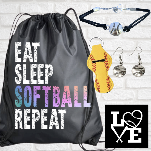 Softball Gift Bundle - Eat Sleep Softball Repeat Nylon Drawstring Bag