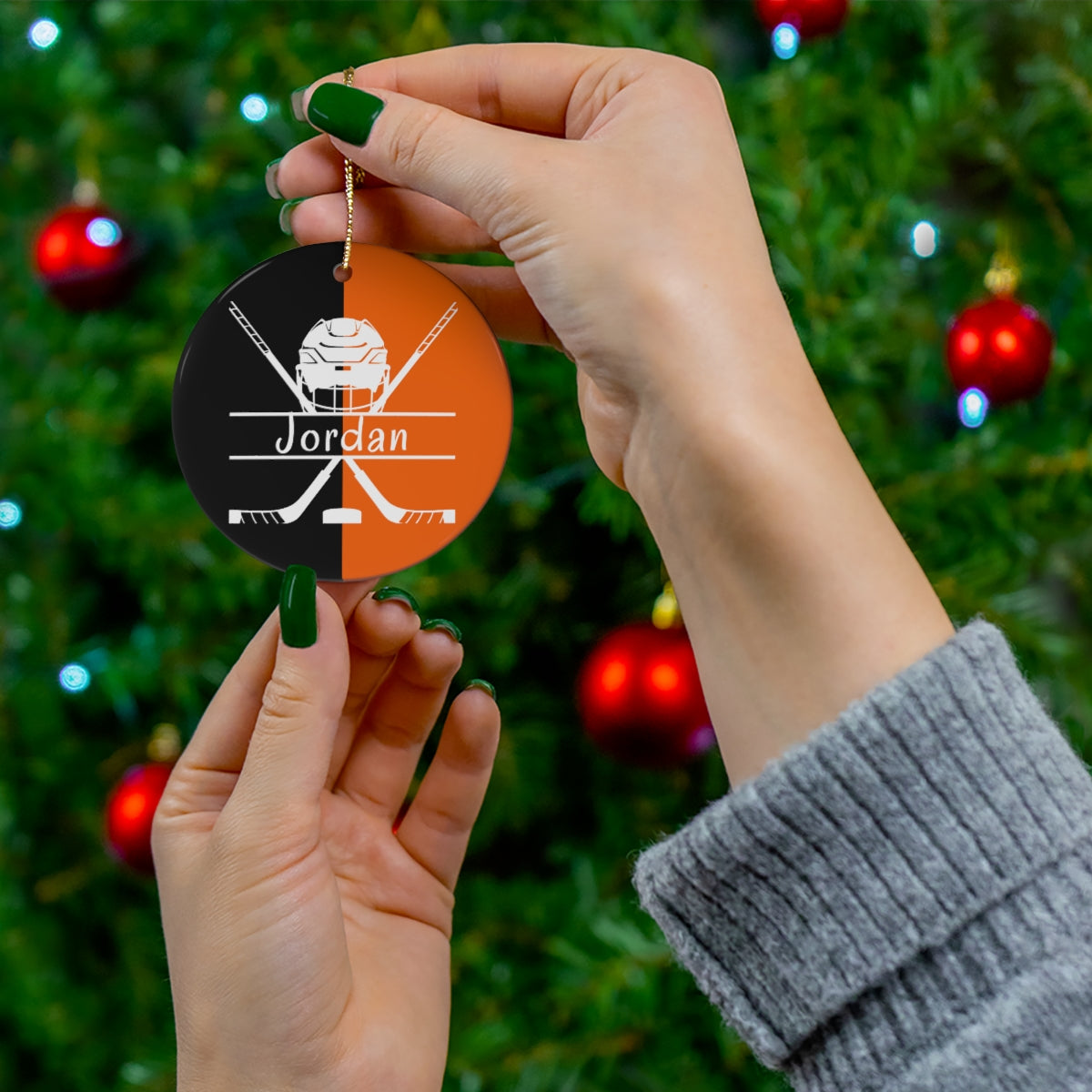 Personalized Ice Hockey Christmas Ornament - Orange & Black