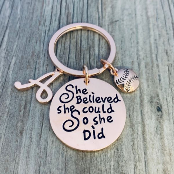 Softball Keychain - Rose Gold She Believed She Could So She Did
