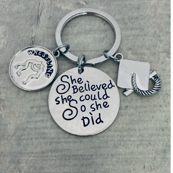 girls wrestling Graduation Keychain - She Believed She Could-