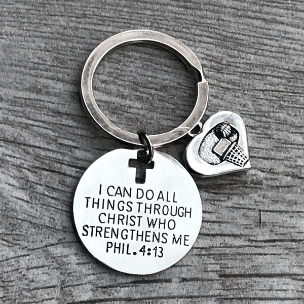Silver keyring with heart and volleyball charms paired with scripture disc, perfect gift for Christian teammates