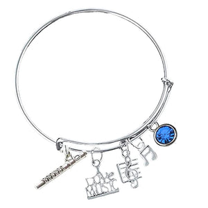 Personalized  Flute Charm Bangle Bracelet with Birthstone