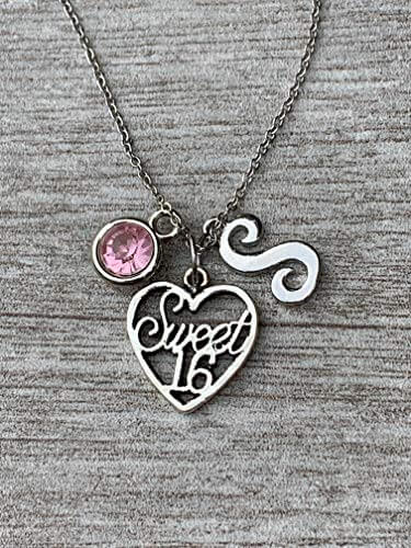 Personalized Sweet 16 Charm Birthday Necklace with Letter & Birthstone
