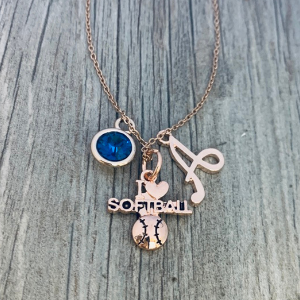 Personalized Rose Gold Love Softball Necklace