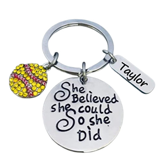 Girls Personalized Softball Thine Keychain with Name Engraved Charm