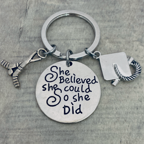 girls ice hockey Graduation Keychain - She Believed She Could-