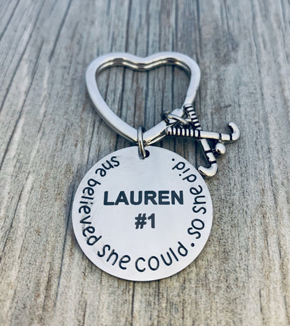 Engraved Field Hockey Keychain - She Believed She Could So She Did